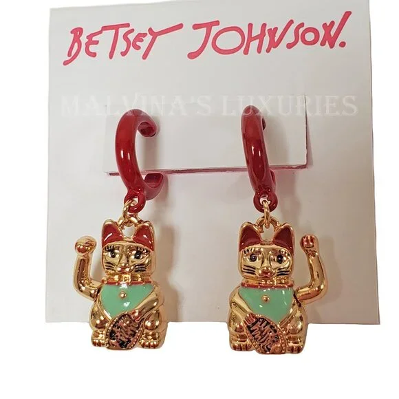 BETSEY JOHNSON PENDANT NECKLACE & EARRINGS SET LUCKING OUT LUCKY CAT - Picture 9 of 9